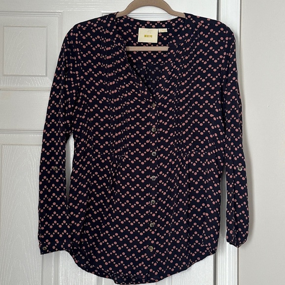 Maeve Blue Pink Polka Dot Abstract Tunic Blouse Size Small Roll Sleeve Light - Picture 1 of 7